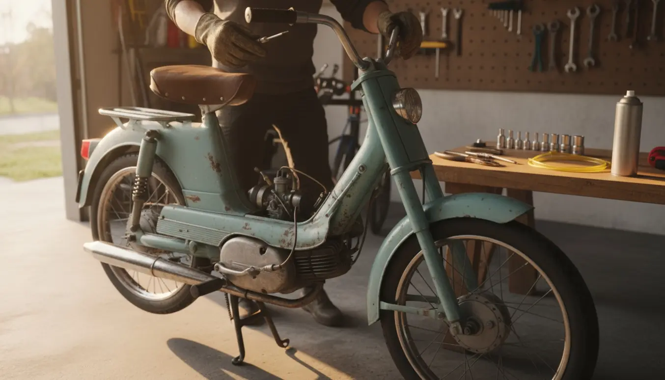 Gammel Vespa Ciao med sidepanel afmonteret, hænder arbejder på tændrør og karburator i en solbelyst garage.