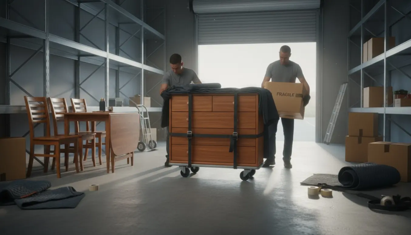 Kommode, bord, fire stole og to kasser læsses ind i et depotrum.