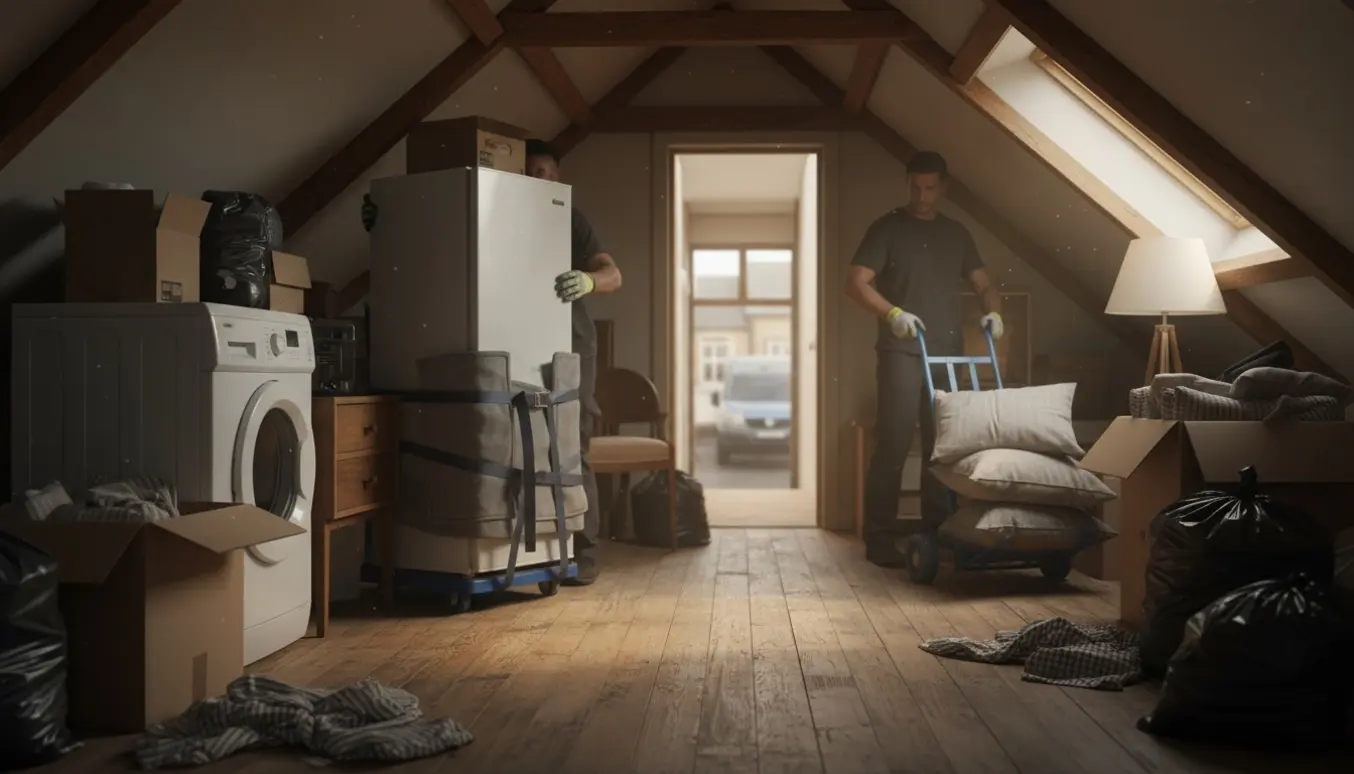 Loftrum med køleskab, vaskemaskine og usorterede kasser, hvor udstyr bruges til bortskaffelse.