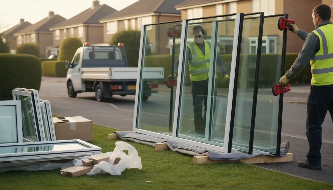 To arbejdere løfter rammefri termoruder med sugekopper ved fortovet foran en forhave, klar til afhentning og bortkørsel.