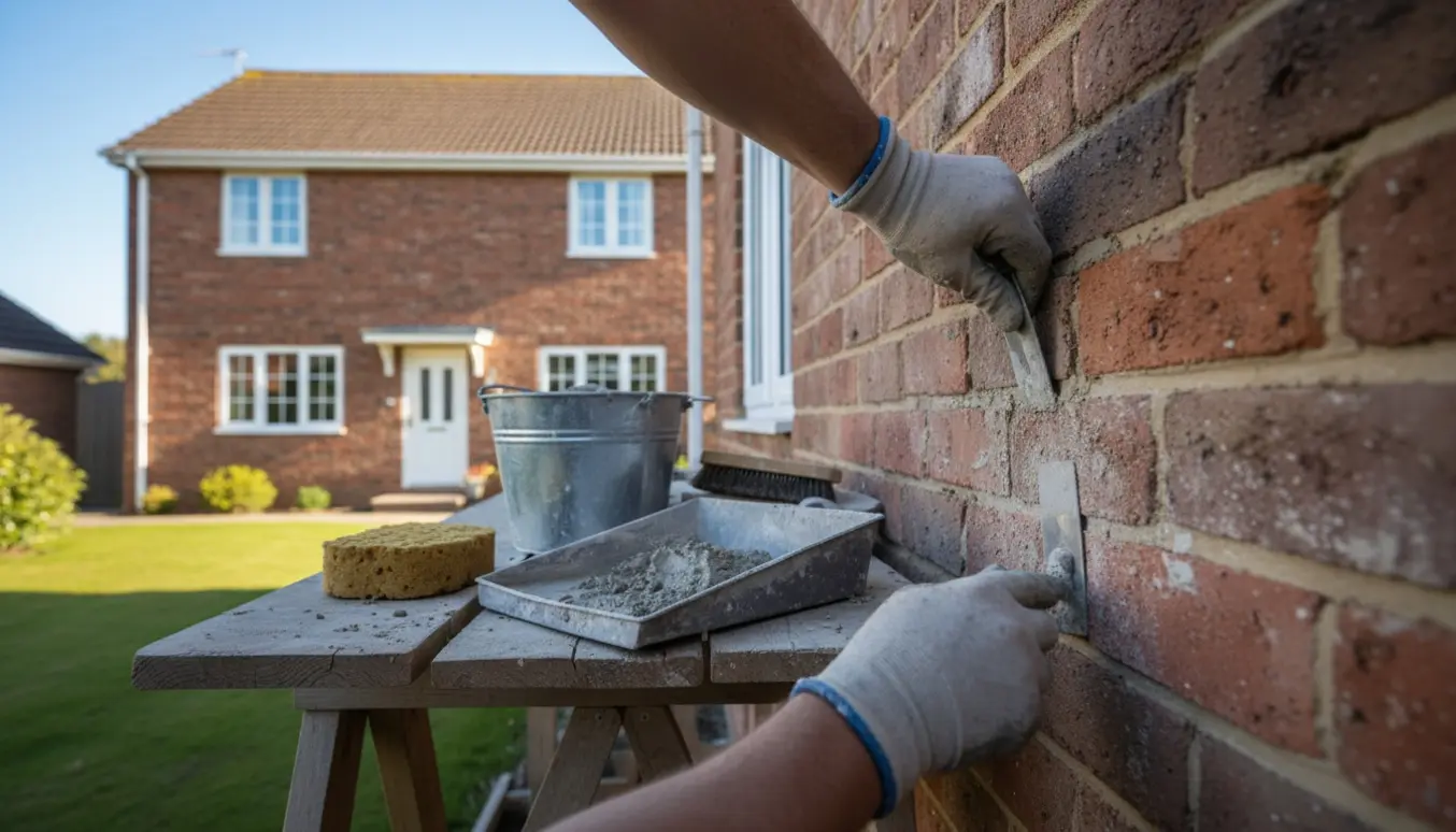 Nærbillede af omfugning af to-etagers murstensfacade med værktøj og frisk mørtel.
