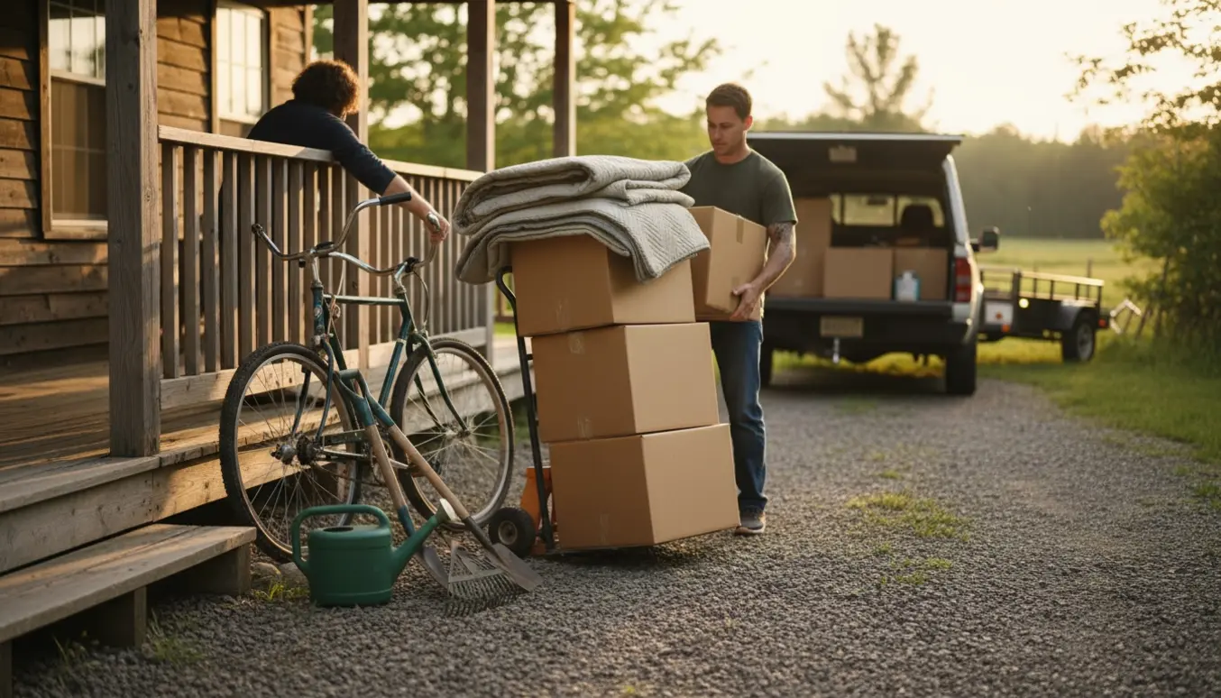 Flytning af småt indbo og to cykler fra et fritidshus med flyttekasser og haveredskaber.