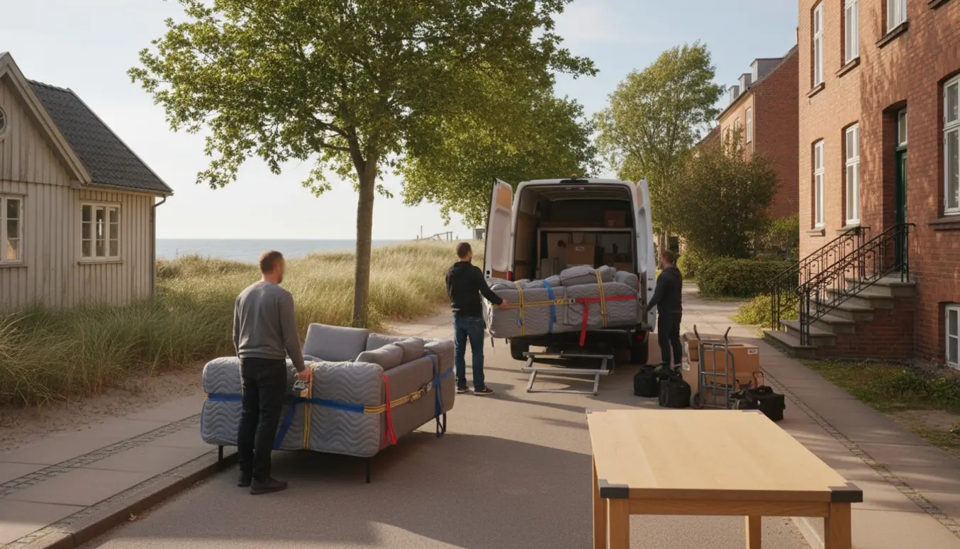 Flyttefolk læsser indpakkede sofaer og en chaiselong ved en flyttevogn mellem et kysthus og en københavnsk opgang, mens et bord rulles ind i vognen.