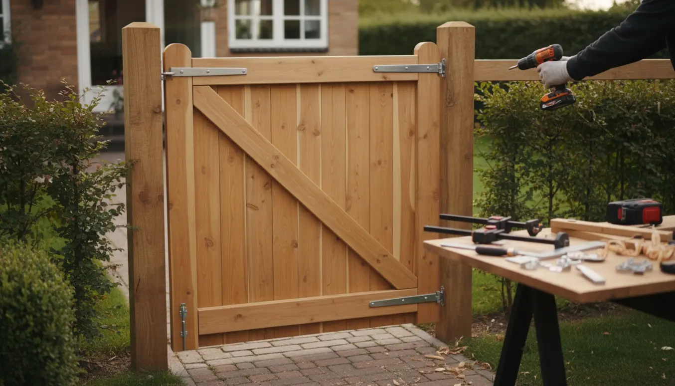 Nylavet træhavelåge i en solbelyst dansk have klar til montering.