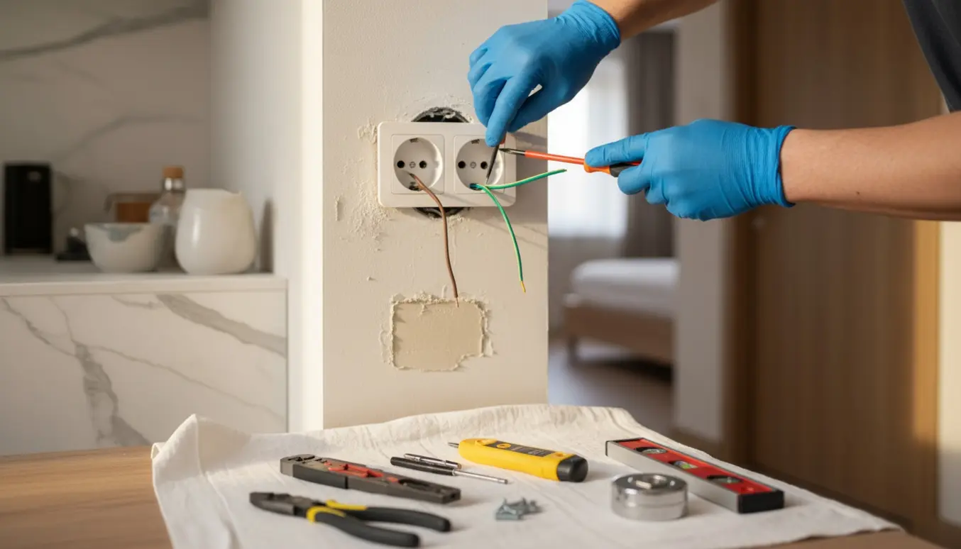 Nærbillede af en elektrikers hænder, der monterer en ny vægstikkontakt i et hjem med værktøj i forgrunden.