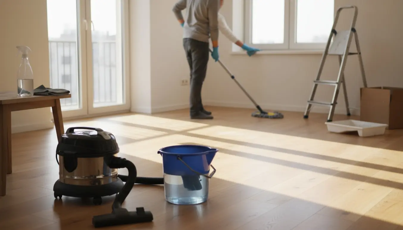 En person set bagfra mopper et nyligt renoveret stuegulv med rengøringsudstyr og sollys gennem vinduet.