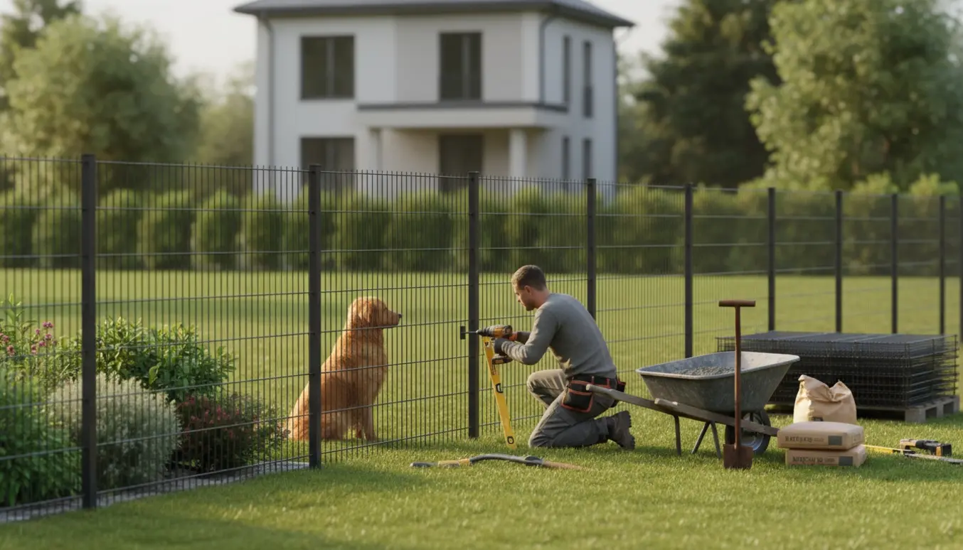 Håndværker sætter et vedligeholdelsesfrit hundehegn op rundt om en have med værktøj og materialer i forgrunden.