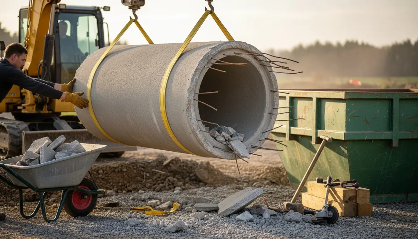 Et tungt betonrør løftes fra en byggeplads med løftestropper, klar til bortskaffelse.