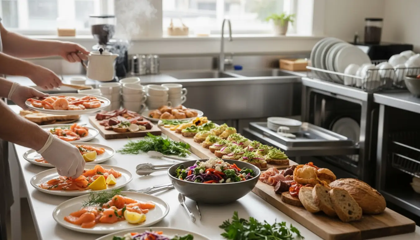 Hænder anretter kolde frokostretter og fylder en buffet op i et lyst køkken klar til en fødselsdagsfrokost.