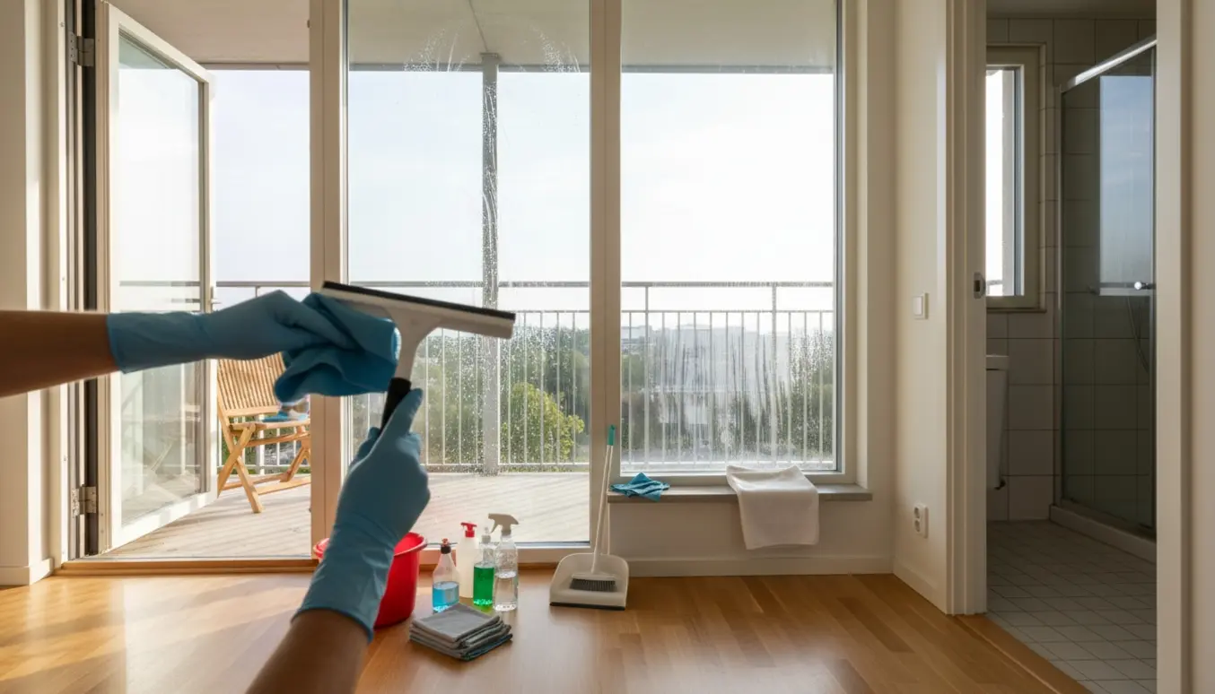 Soloplyst lejlighed med rengøringsudstyr, hænder der pudser altandør og to overdækkede altaner, samt nyvaskede fliser i badeværelset.