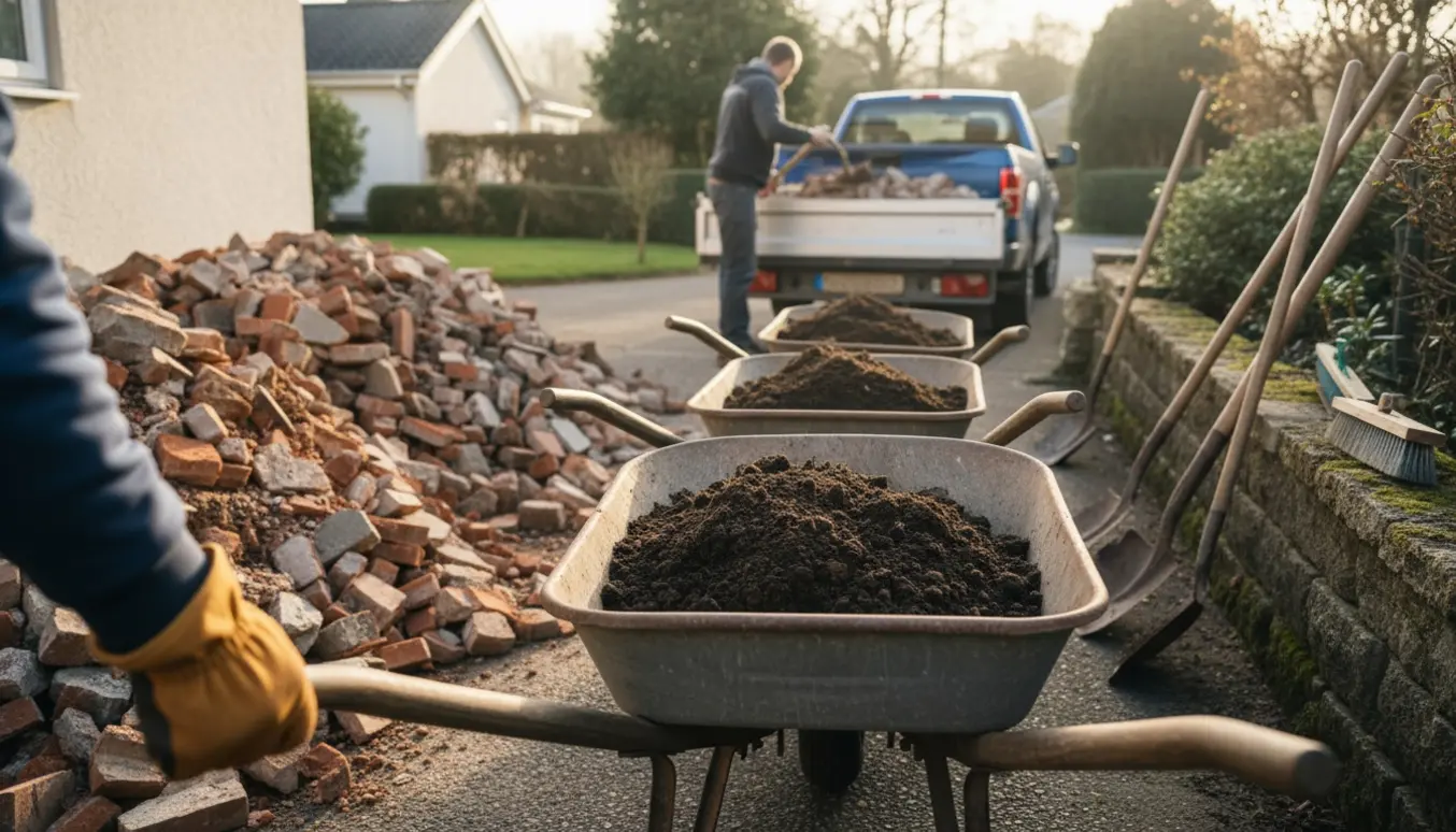 Trillebøre fyldt med jord og en trailer læsset med murbrokker klar til bortkørsel fra en indkørsel.