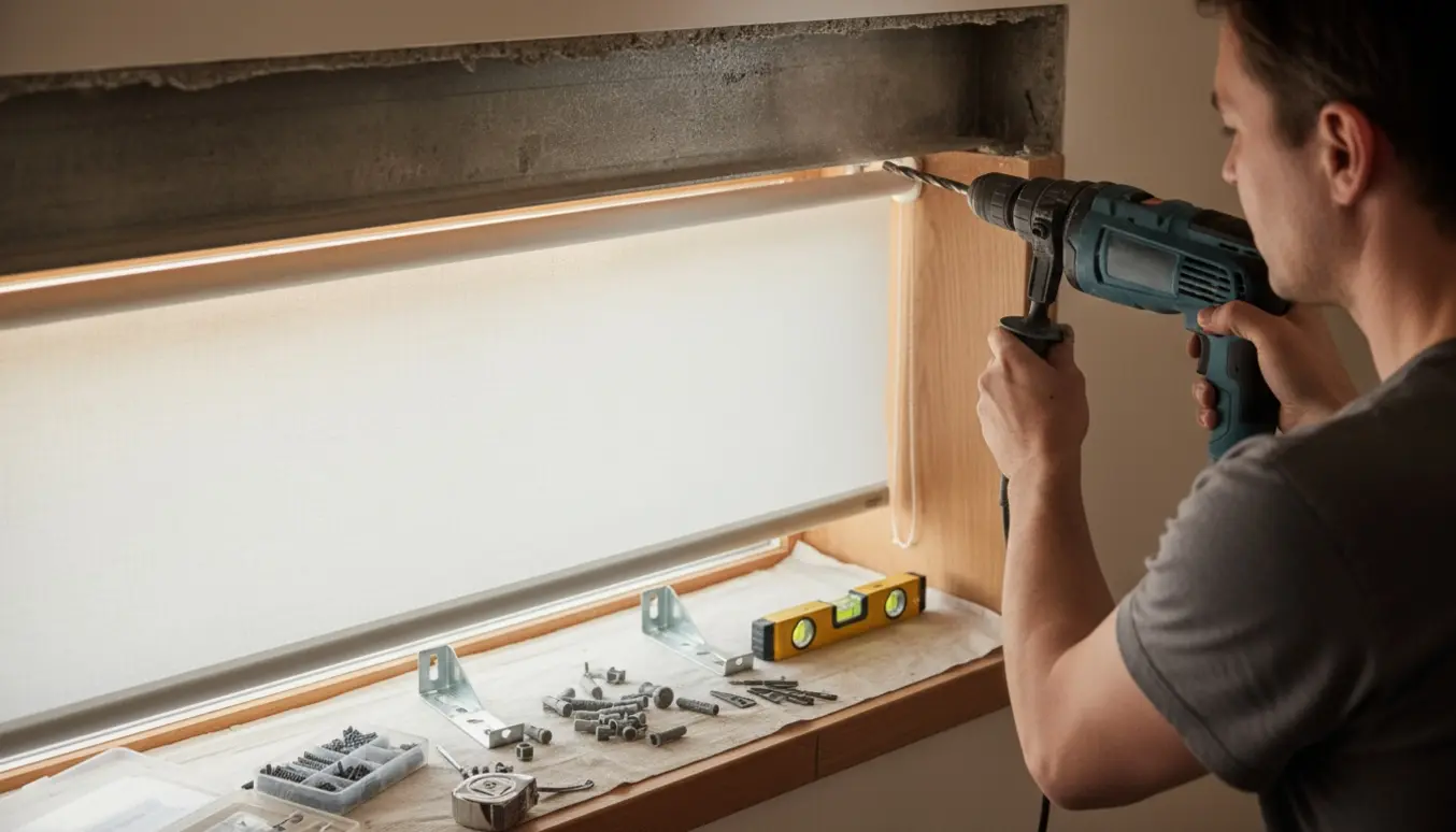 Hænder monterer et hvidt rullegardin i en vinduesfordybning med boremaskine, beslag og ankre.
