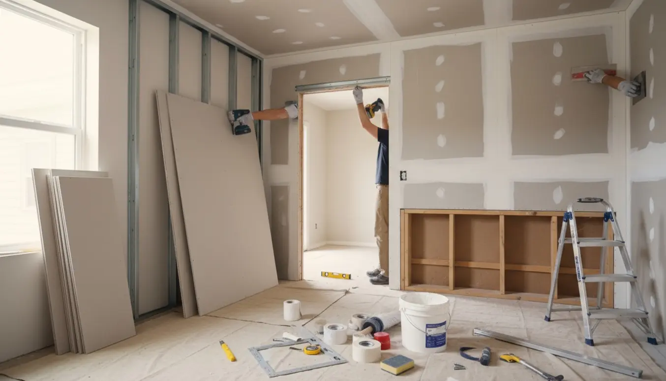 Indendørs renovering med gipsplader, dørskinne og en loftspartier under udbedring, værktøj og gloved hænder i fokus.