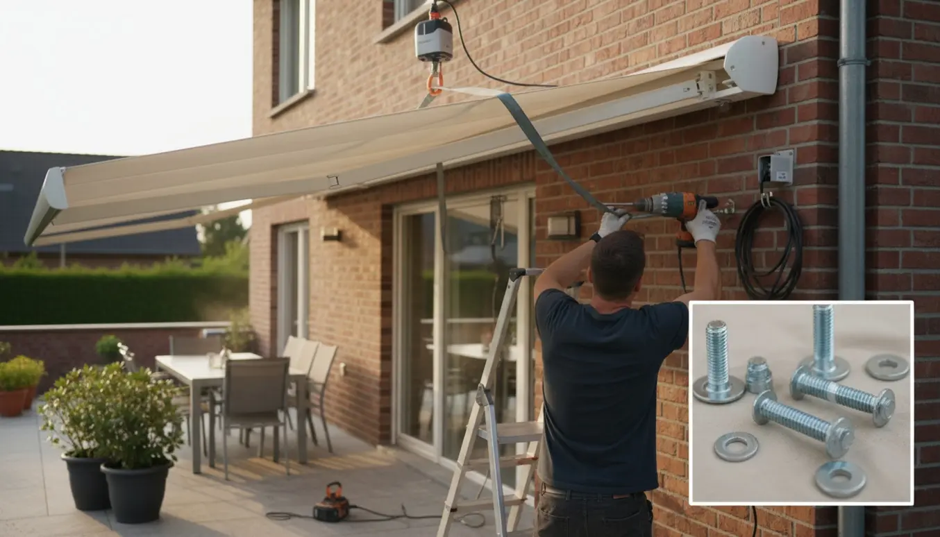 Teknikere monterer en 4 meter markise på husfacaden med fokus på beslag og bolte.