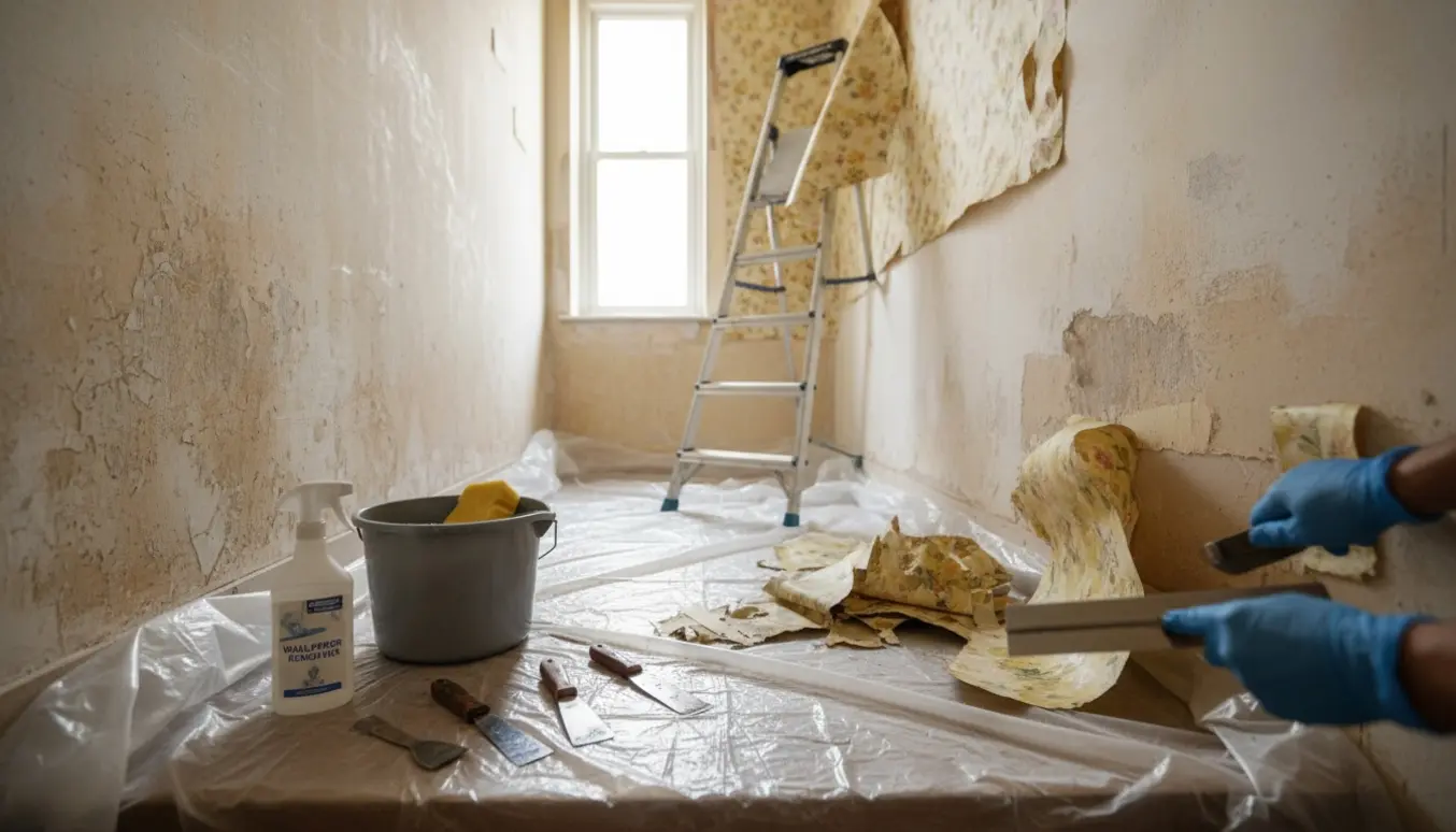 Trappeopgang med afdækket gulv, stige og vådt, afskallet tapet under fjernelse.