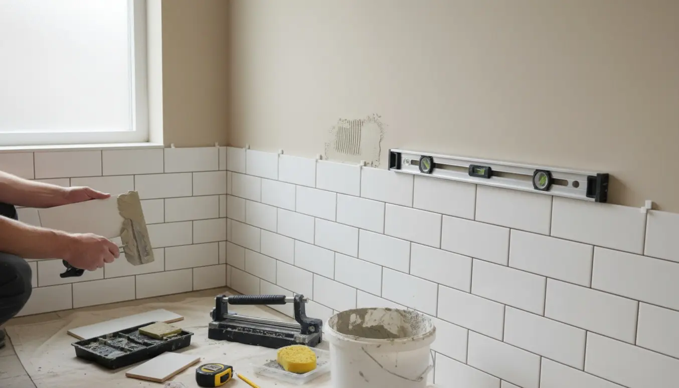 Hænder opsætter hvide metrofliser i et lille gæstetoilet med fliseklæber, flisekryds og værktøj omkring.
