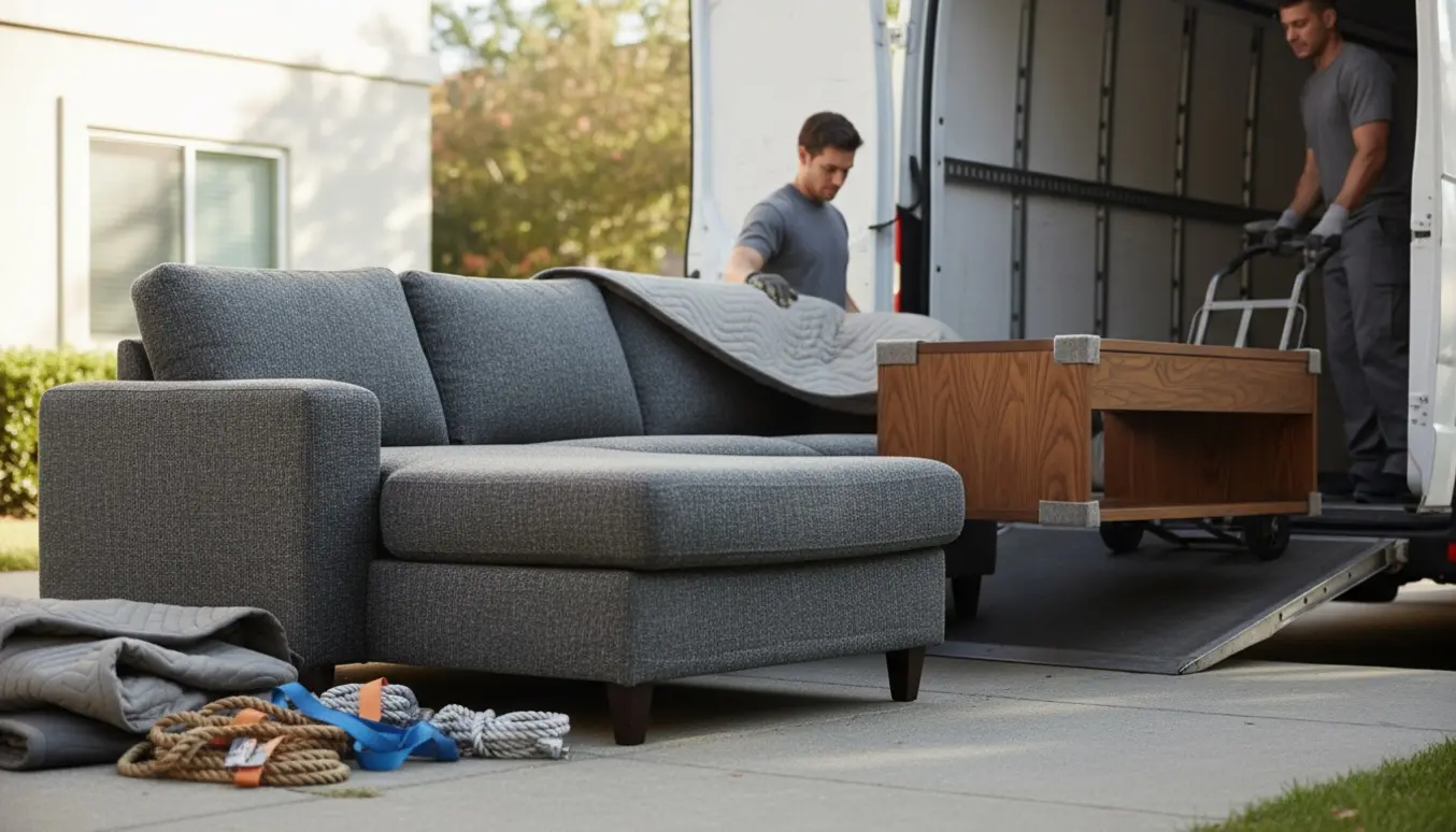 Hjørnesofa og sofabord læsses ind i en flyttevan ved afhentning.