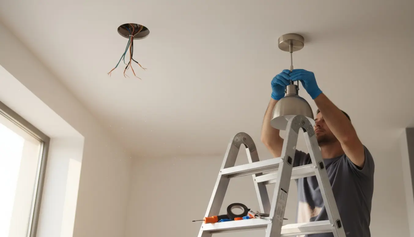 Hænder på en stige genophænger en loftslampe ved siden af en afdækket lampe med eksponerede ledninger.