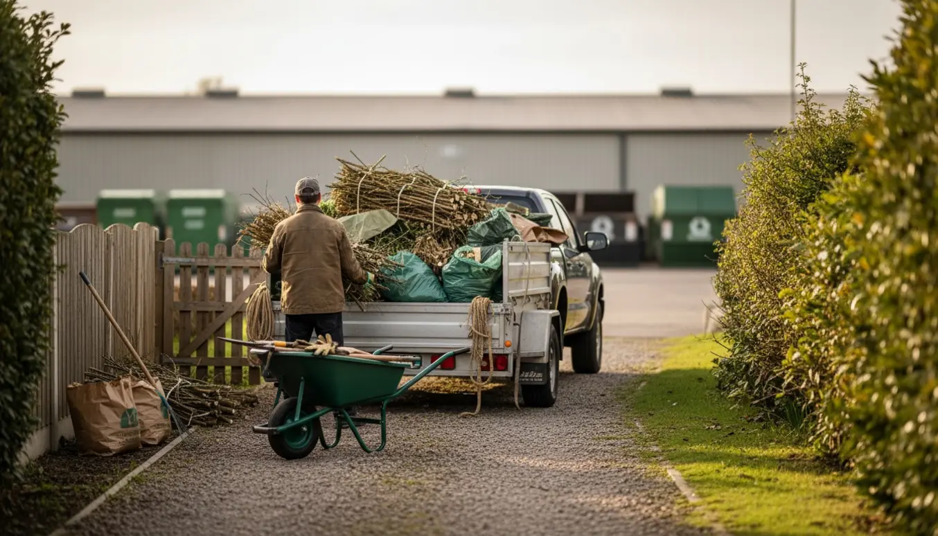 Åben trailer fyldt med haveaffald ved indkørsel, en person set bagfra læsser grene mens trillebør og haveredskaber står langs stien mod baghaven.