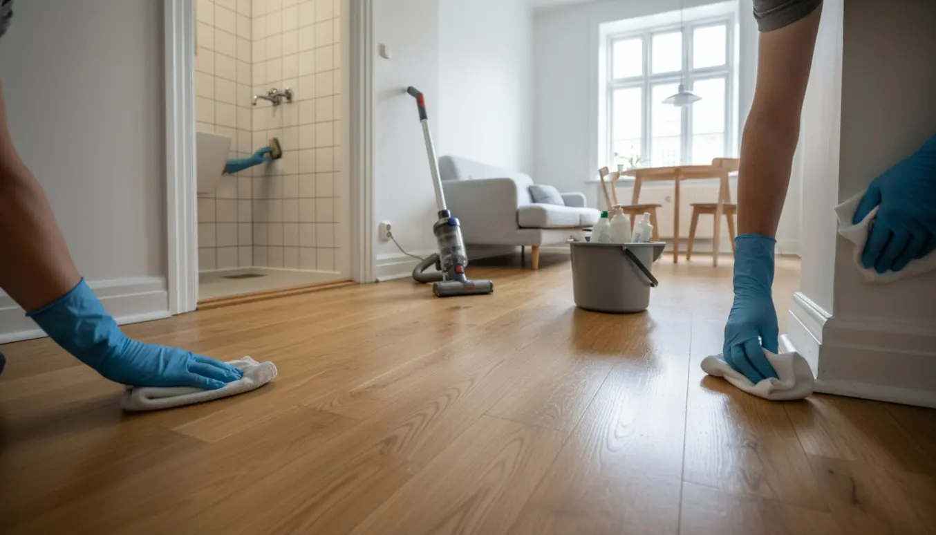 Hænder vasker trægulv i en lille københavnerlejlighed med nye kromarmaturer i køkkenet.