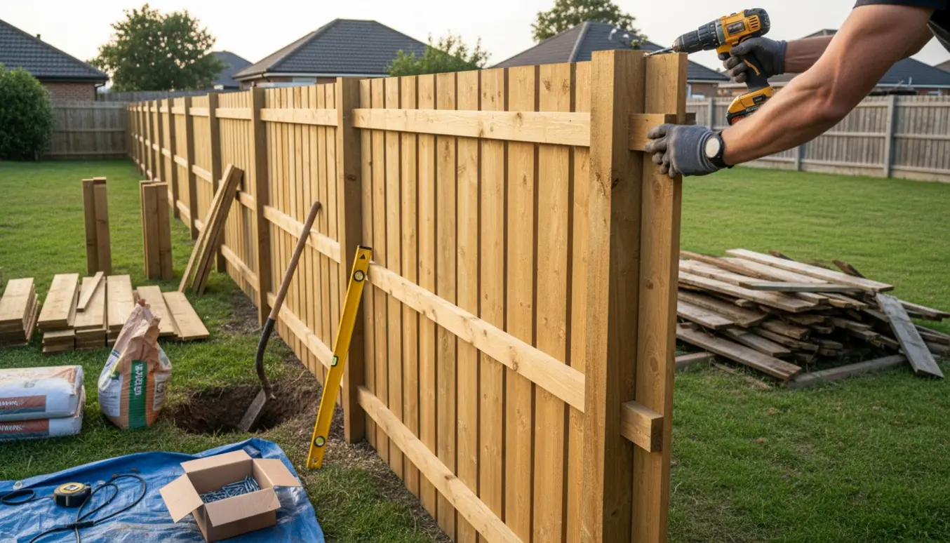 Nyt lodret træplankeværk på ca. 180 cm sættes op i en have med handsker og boremaskine i fokus.