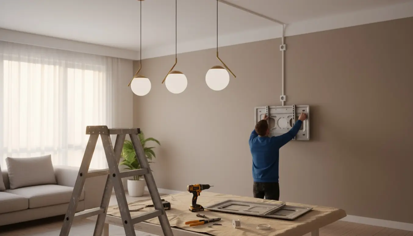 Installatør monterer tre lamper med ledning ført langs loftet og forbereder et fladt TV til ophæng.