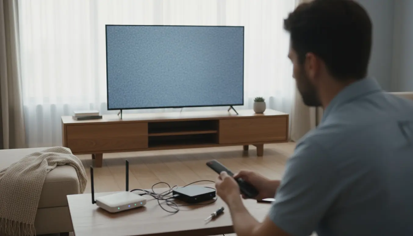 Hænder tilslutter et koaksialkabel til en set-top-boks foran et tv med blågrå støj på skærmen.
