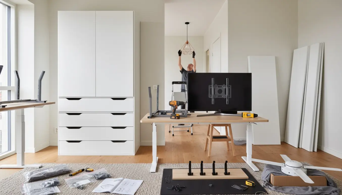 Montering af dobbelt garderobe, hæve-sænke bord og vægmonteret TV i en lys, ryddelig stue med værktøj.