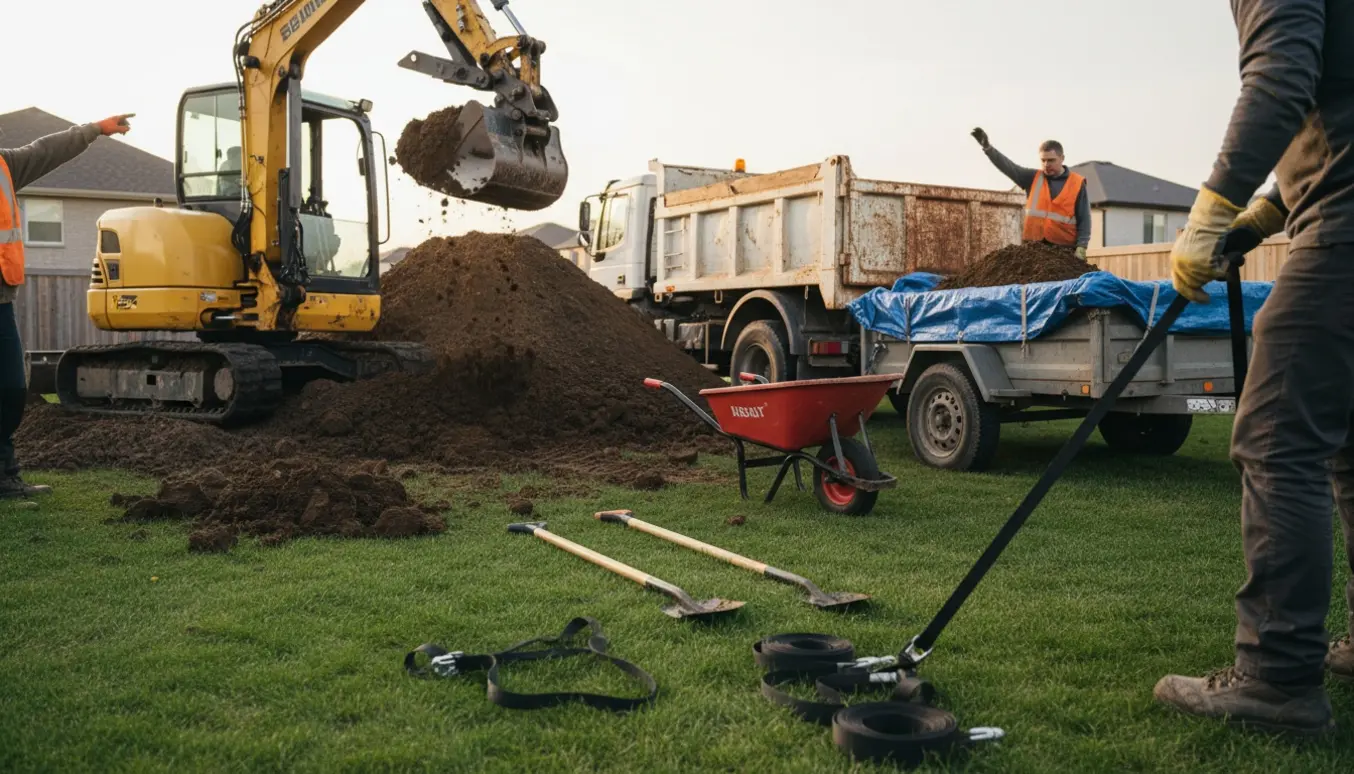 Stor bunke jord lastes i en tipvogn af en minigraver i en villahave.