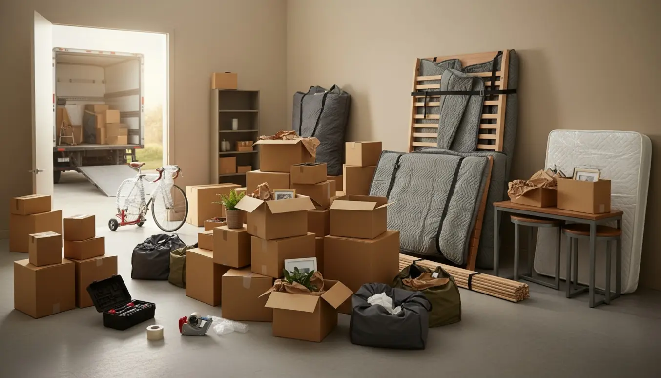 Stue fyldt med stabler af flyttekasser, pakket møblement og flyttetilbehør klar til afgang.