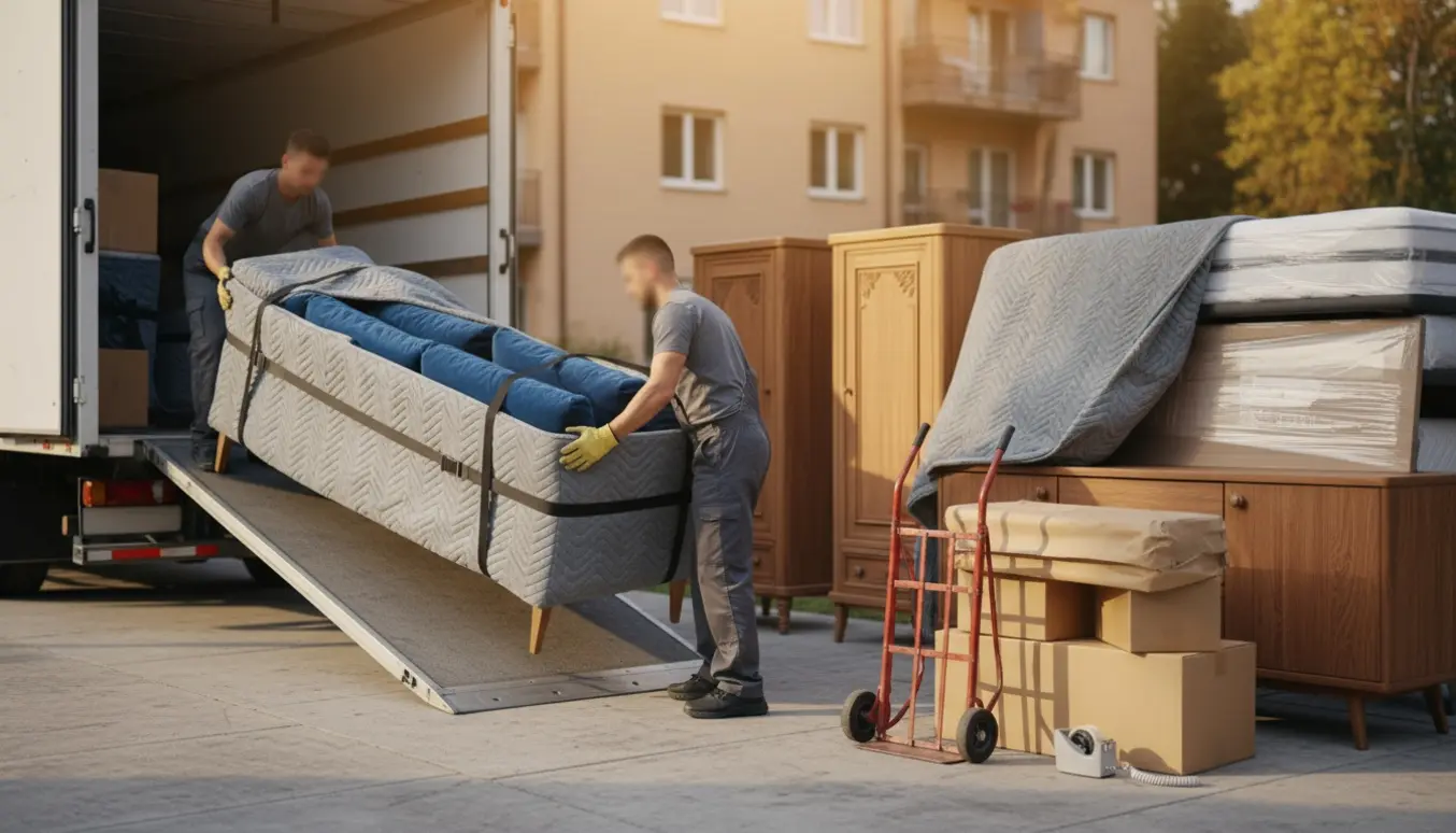 Flyttefolk læsser sofaer, skabe, en skænk og senge ind i en åben flyttebil med flyttetæpper og en tralle.