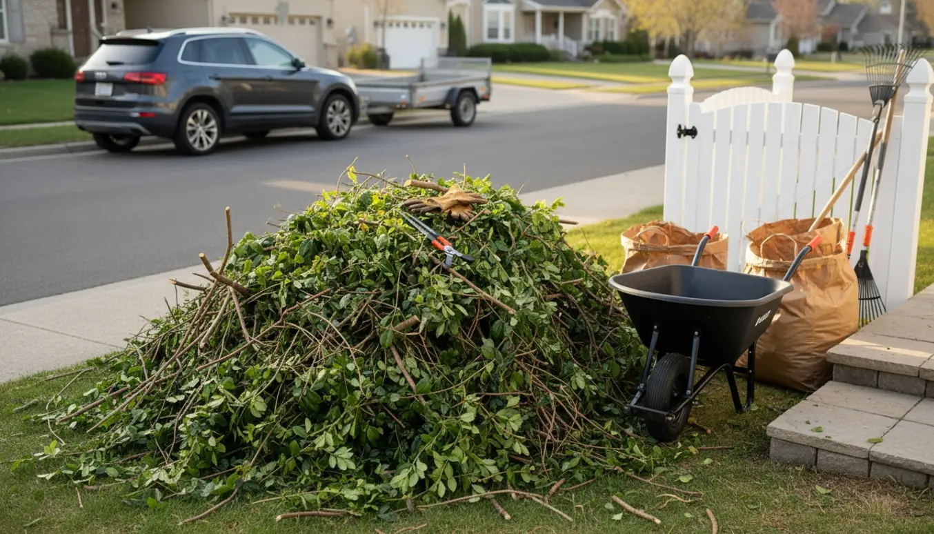 Stor bunke beskårne hæk- og trægrene klar til afhentning ved husets indkørsel.