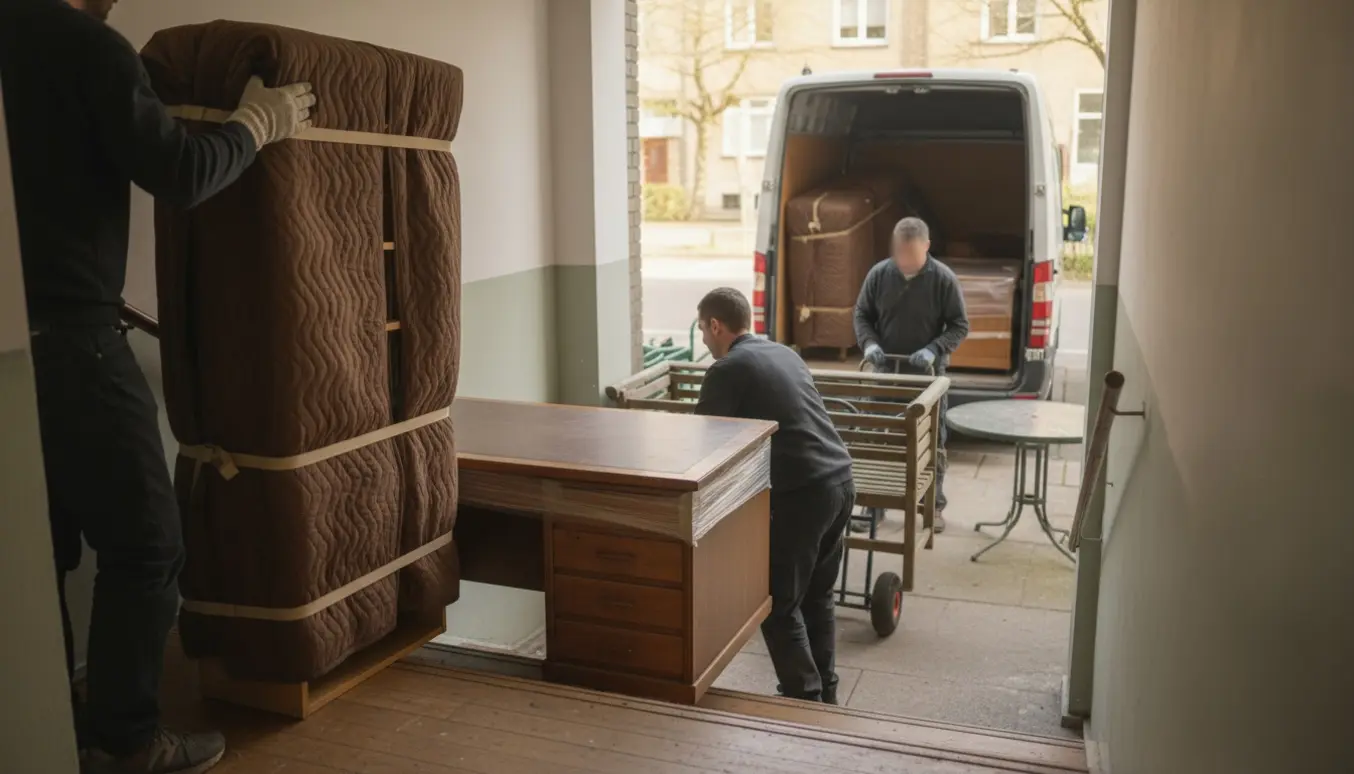 Flyttefolk bærer møbler ned ad trappen og læsser dem i en flyttebil.