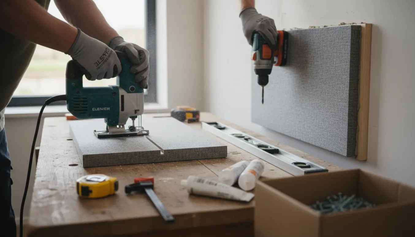 Nærbillede af akustikpaneler, der beskæres og monteres på en gipsvæg med skruer, lim og elværktøj.
