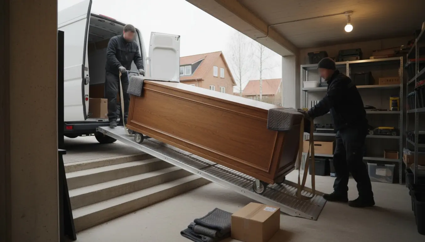 Butiksdisk bliver læsset fra varevogn og båret ned i et kælderrum af to flyttefolk.