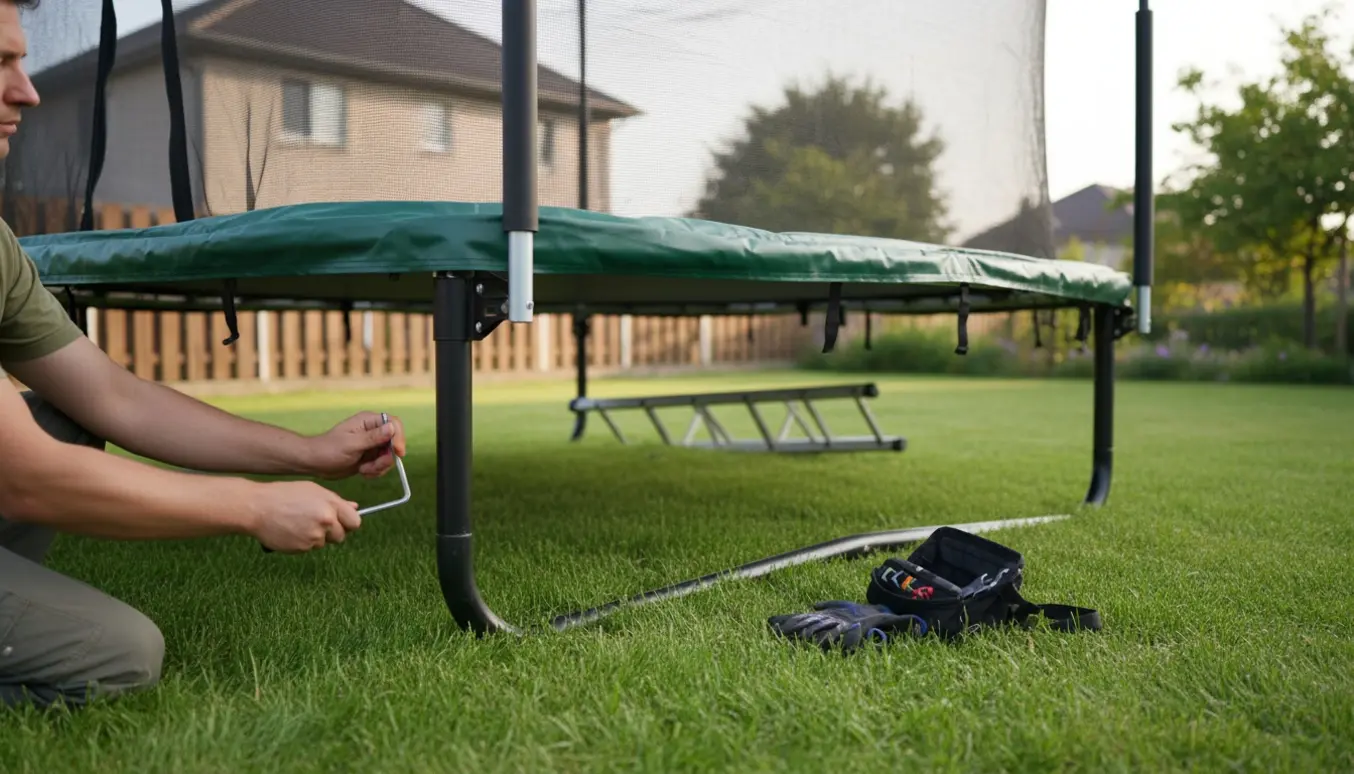 Delvist samlet rektangulær Berg-trampolin på græsset med hænder og værktøj i fokus.