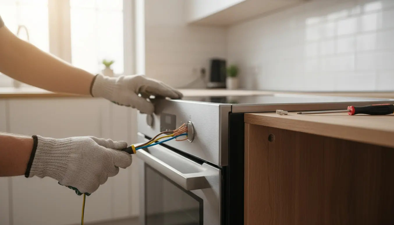 Nærbillede af en ovn under montering i et lyst køkken, hvor hænder forbinder et trelederkabel (brun/blå/grøn-gul) til ovnens terminal.
