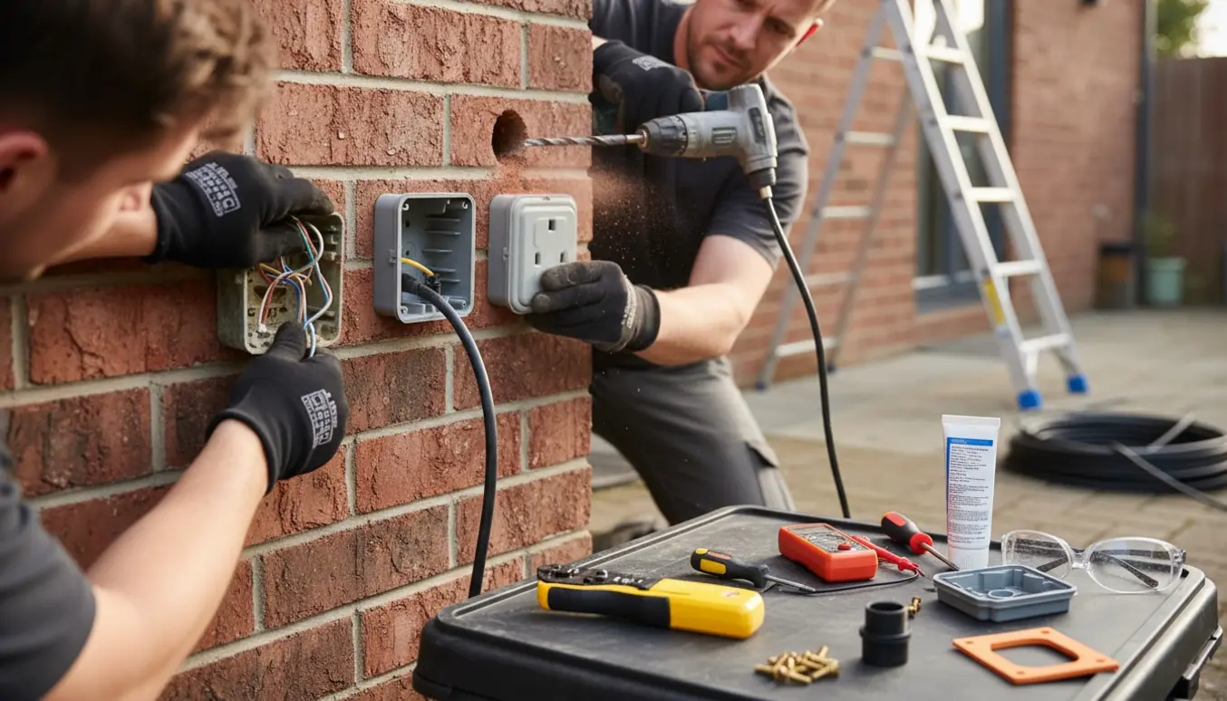 Nærbillede af hænder, der monterer udendørs stikkontakter og trækker kabel gennem en hulboring i husmuren.