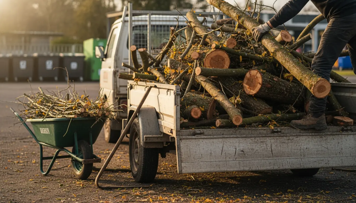 Trailer fyldt med grene og træstubbe ved en genbrugsplads, en person læsser uden at vise ansigt.