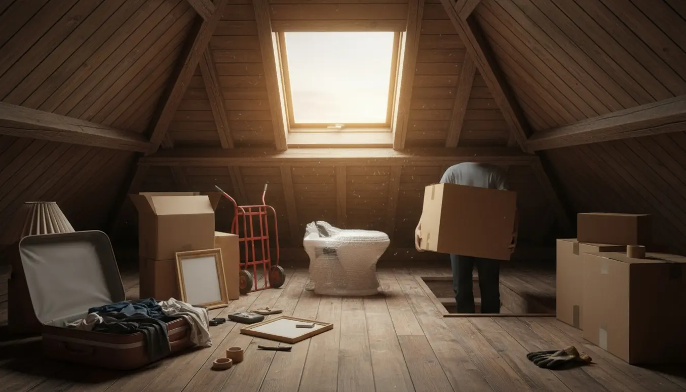 Et lille loftsrum med flyttekasser, en pakket toiletbund og en person, der bærer en kasse ned ad trappen.