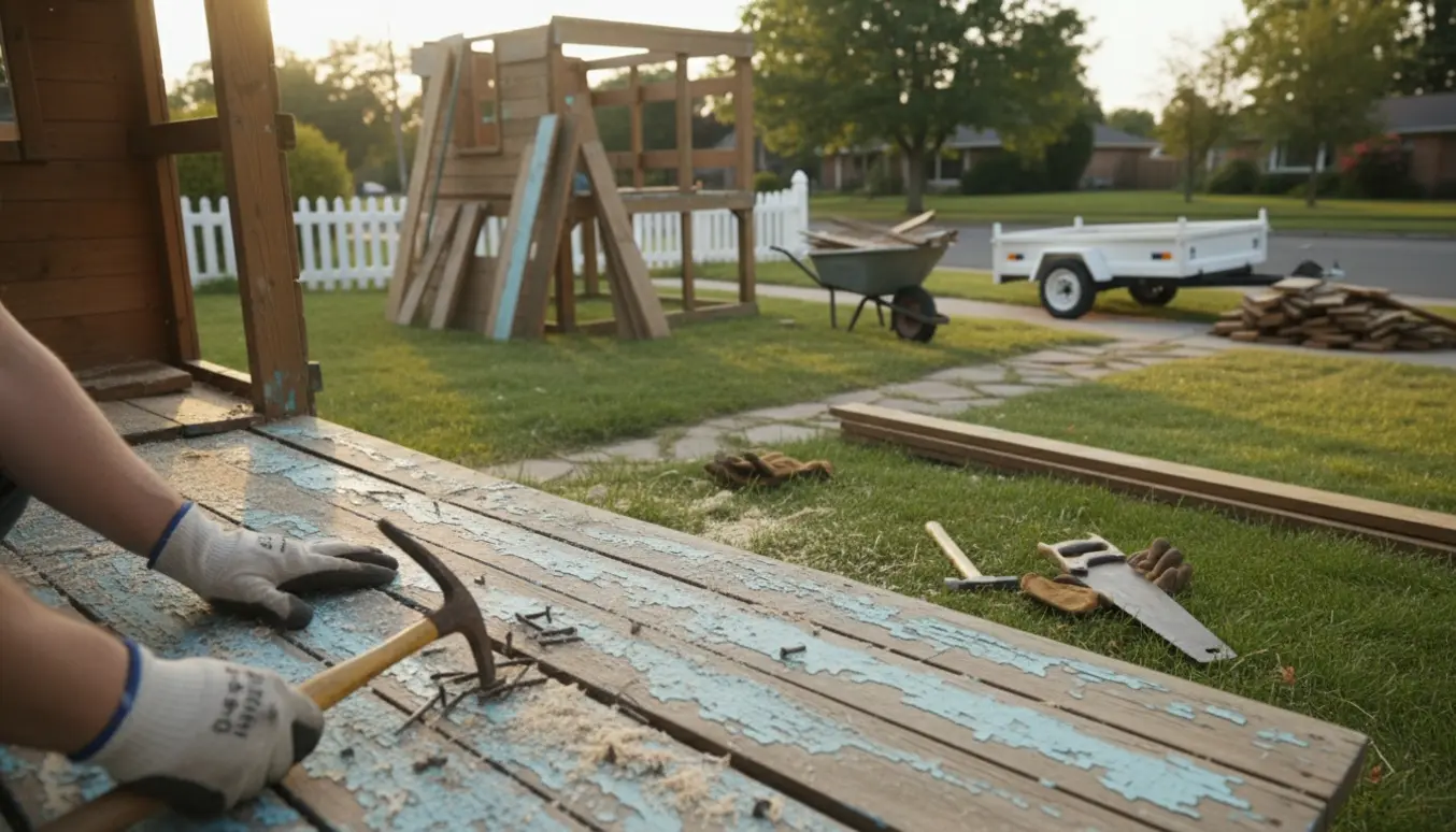 Opbrudt gammelt legehus i haven med hænder, værktøj, stakke træaffald og trailer få meter fra vejen.