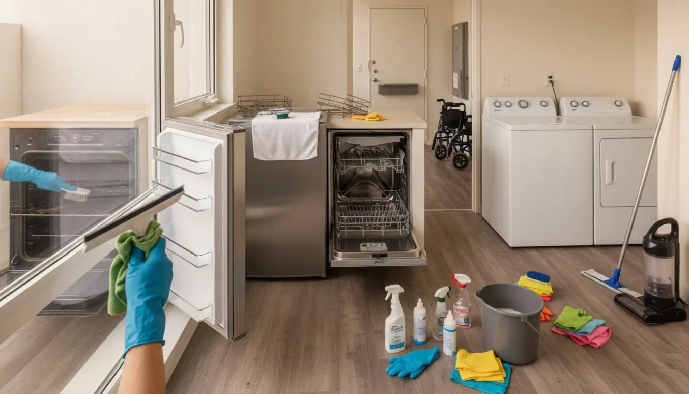 Hænder pudser vindue i en fraflytningsrengjort lejlighed med ovn, køleskab og vaskemaskine synlige og en handicapvenlig lift i baggrunden.