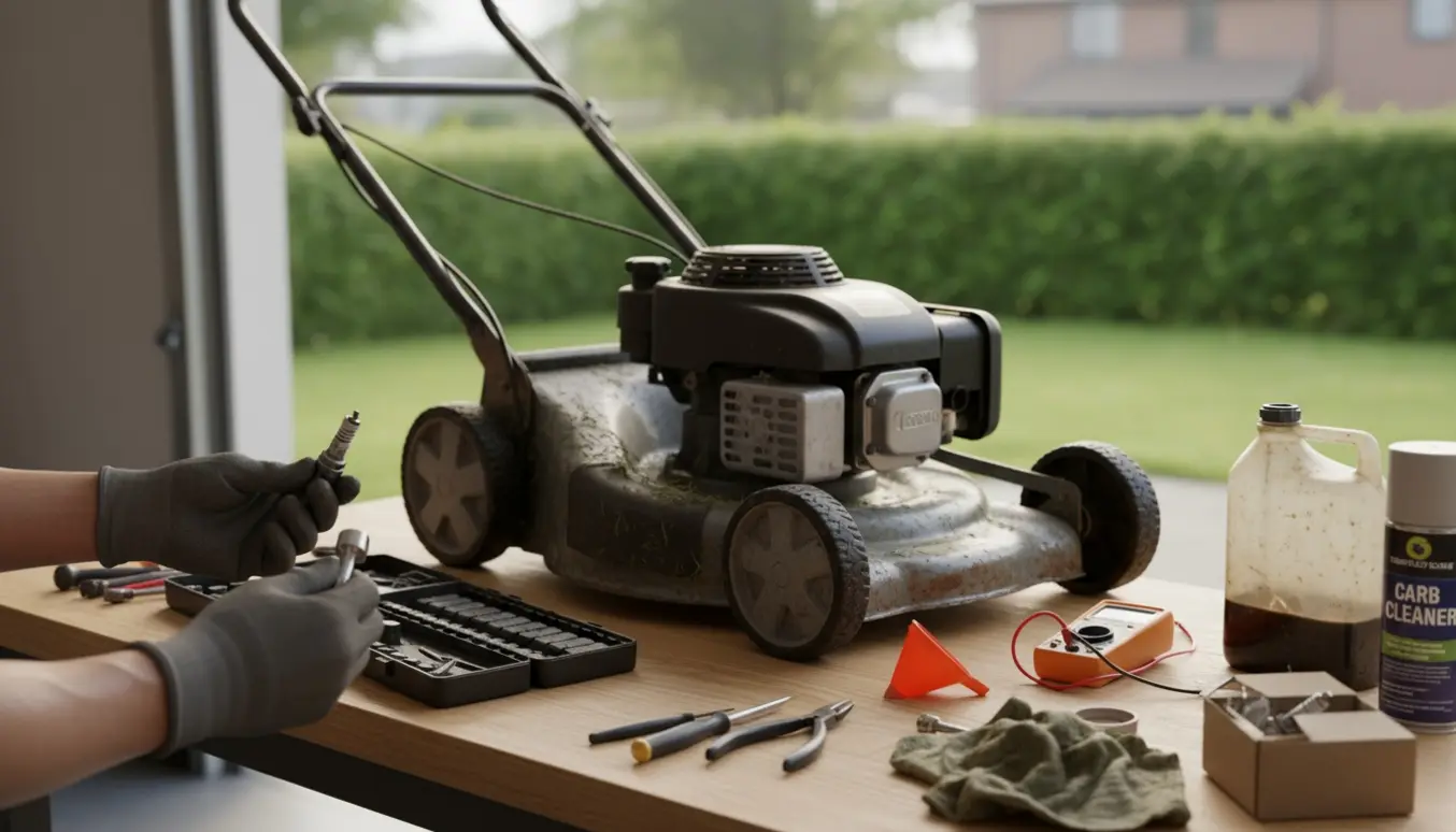 Åben motor på en benzinplæneklipper på en garagebænk med værktøj og et brugt tændrør.