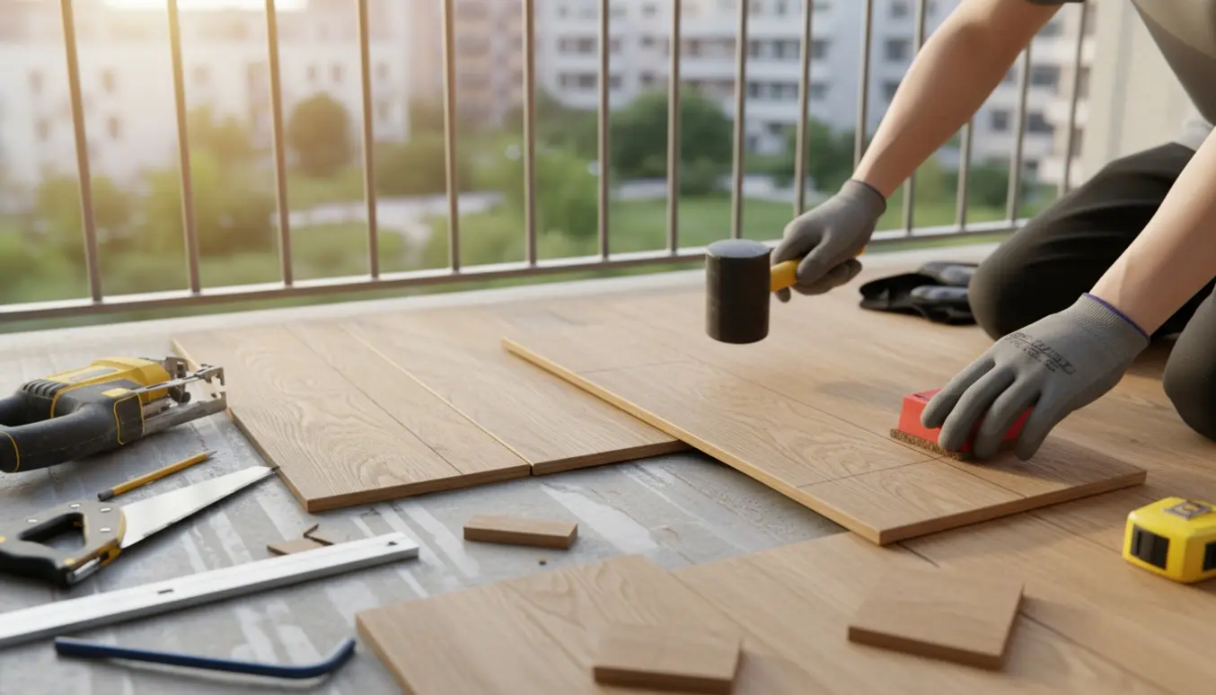 Nærbillede af færdiggørelse af klikgulv på en lille altan med tre planker, plastunderlag og værktøj synligt.