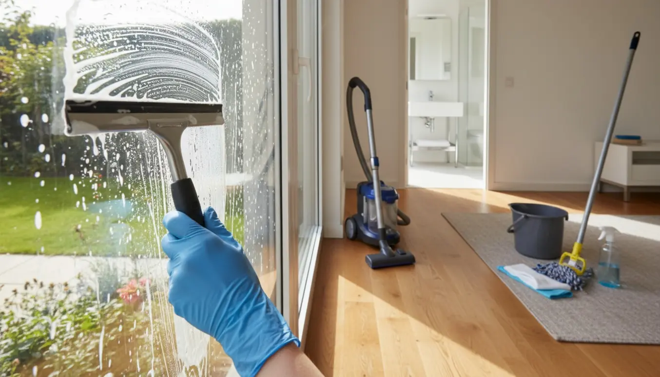 Hænder pudser et stort vindue med en skraber, mens en støvsuger og rengøringsspand står på et nypudset trægulv i en lys stuelejlighed.