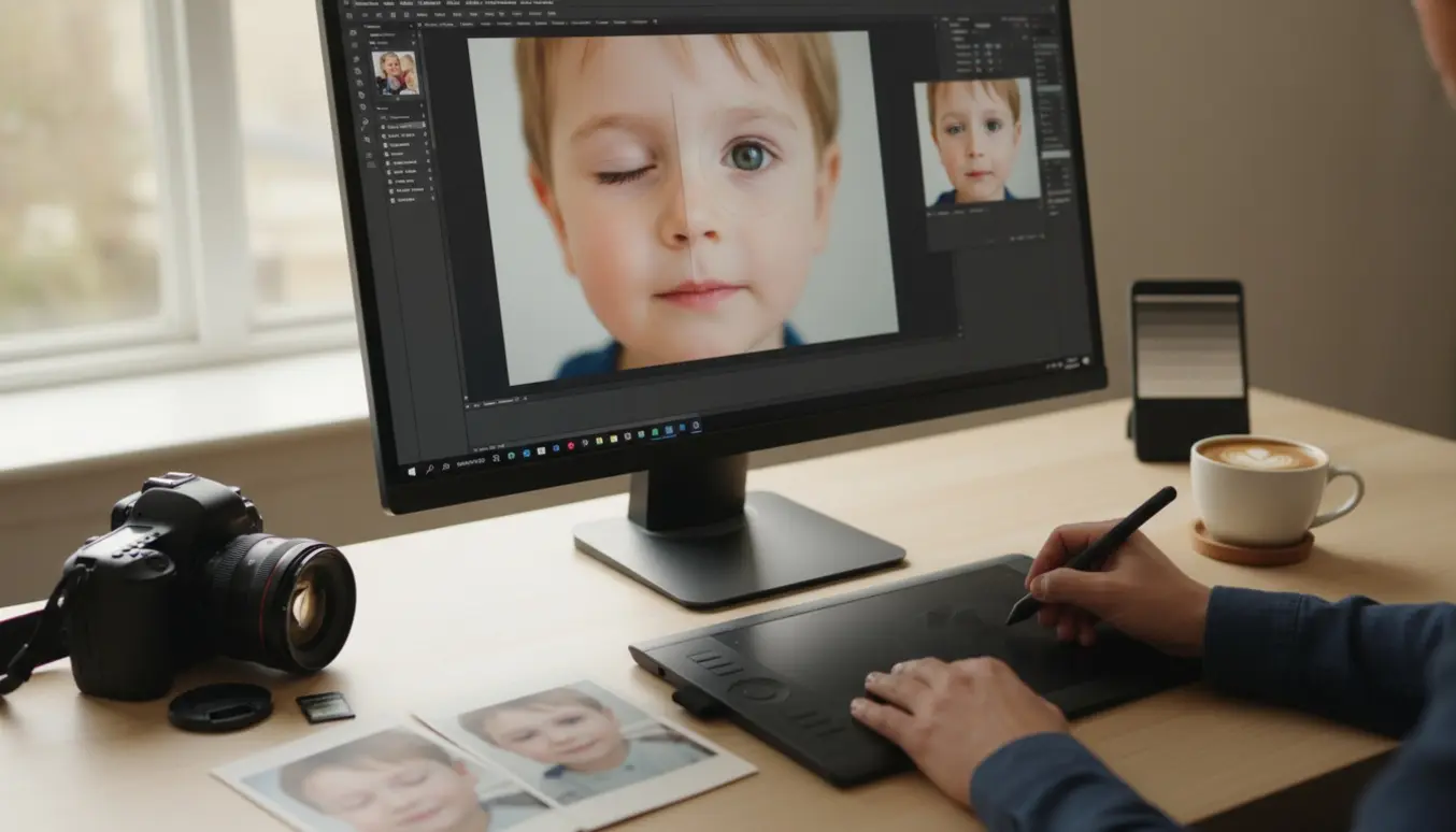 Arbejdsplads til billedredigering med hænder ved en grafiktablet og en skærm, hvor et øje fra et familiefoto blends ind, mens originale fotos ligger ved siden af.
