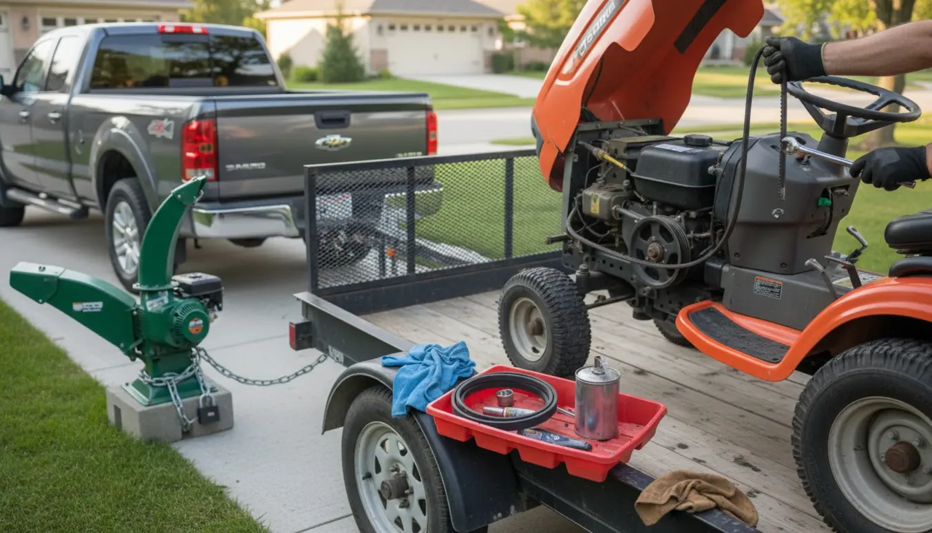Havetraktor med åben motor og sprunget rem på trailer, værktøj og en låst benzindrevet flishugger ved siden af.