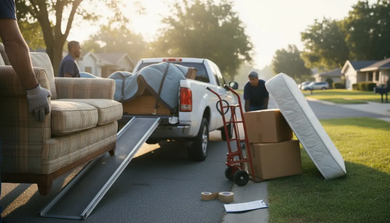 Arbejdere læsser møbler og kasser op på en varevogn og pickup på en villavej i blødt morgenlys.