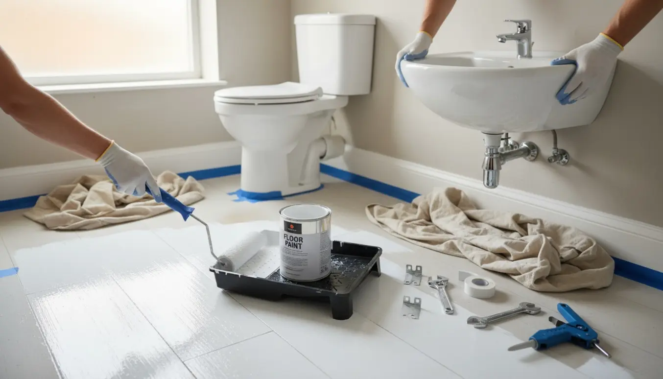 Et lille badeværelse under renovering med nyligt malet hvidt gulv og en ny håndvask klar til montering.