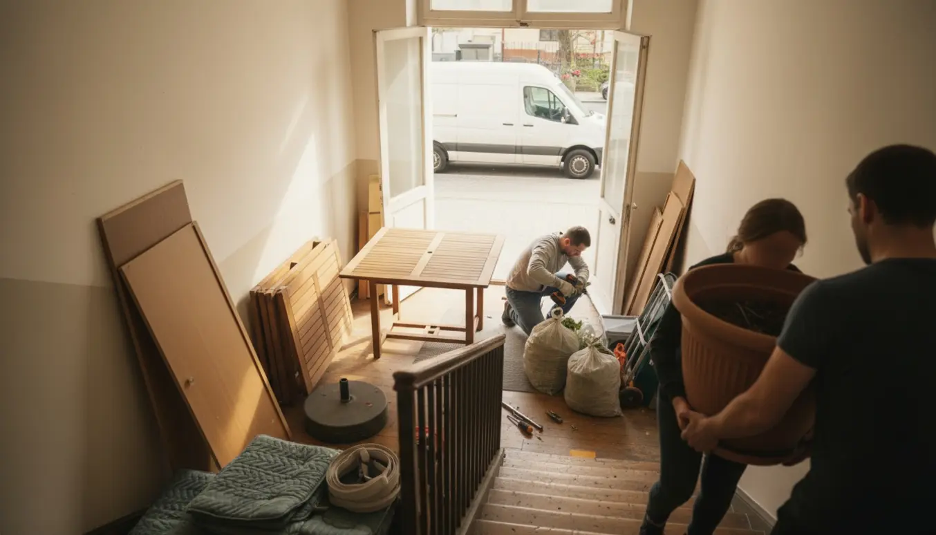 To personer bærer en stor blomsterkumme ned ad en trappe, mens møbler og sække står klar til afhentning.